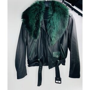 Black leather biker jacket rockstar emerald fur Size Small